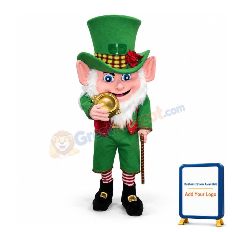 Irish Elf Holding Gold Pocket Watch Mascot Costume