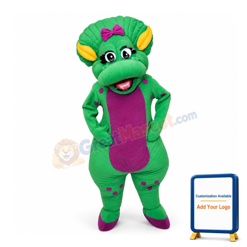 Cartoon Green Dinosaur Lady With Purple Bow Mascot Costume
