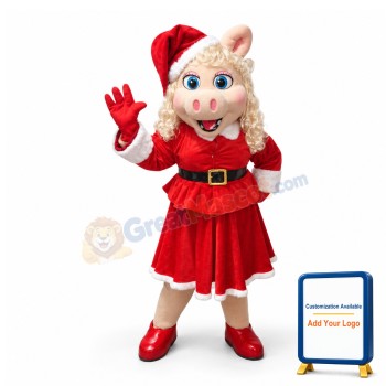 Blue Eyes Pig Lady Wearing Christmas Dress Mascot Costume