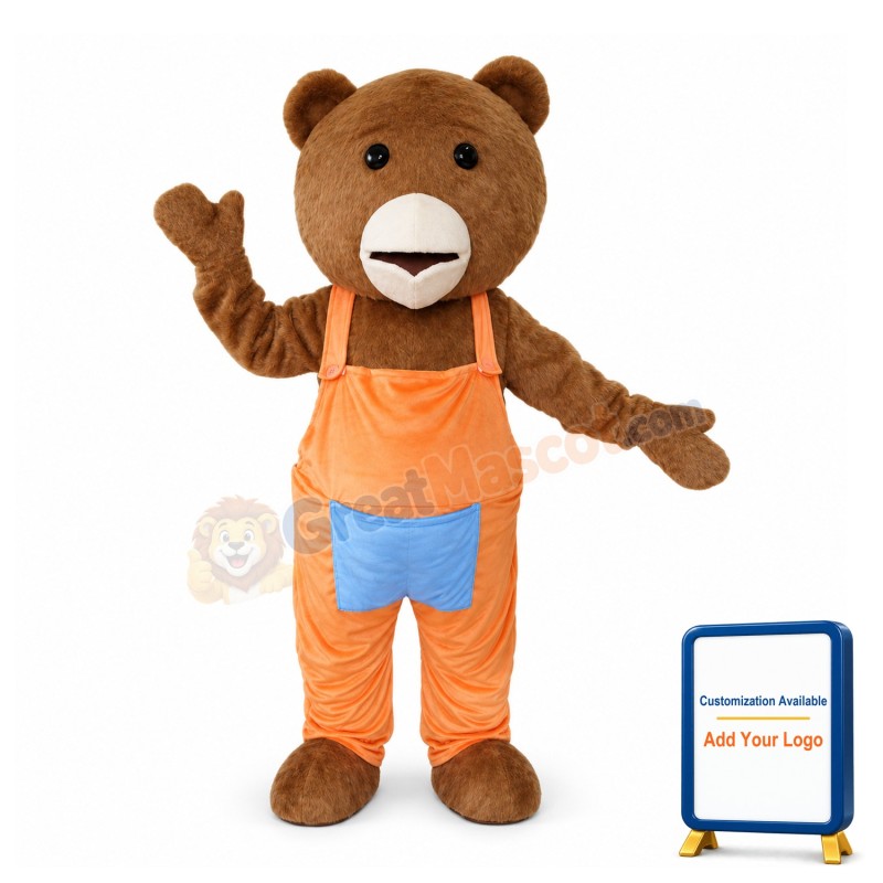 Teddy Bear In Orange Overalls Mascot Adult Costume