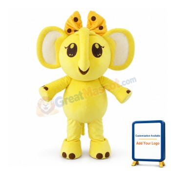 Cute Cartoon Yellow Elephant With Yellow Bow Hairpin Mascot Costume