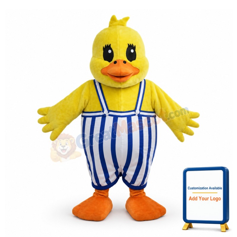 Fat Cartoon Yellow Duck In Striped Overalls Mascot Adult Costume