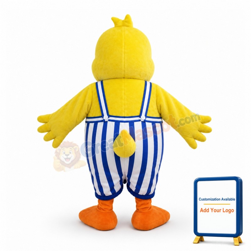 Fat Cartoon Yellow Duck In Striped Overalls Mascot Adult Costume
