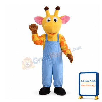 Adult Cartoon Yellow Giraffe Wearing Blue Overalls Mascot Costume
