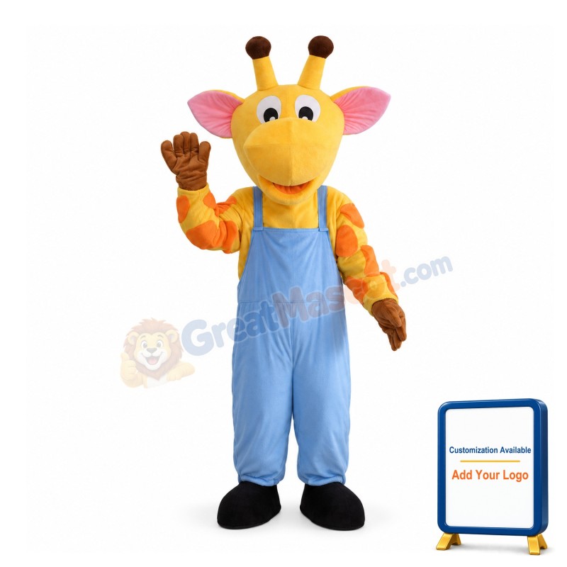 Adult Cartoon Yellow Giraffe Wearing Blue Overalls Mascot Costume