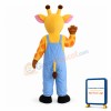 Adult Cartoon Yellow Giraffe Wearing Blue Overalls Mascot Costume