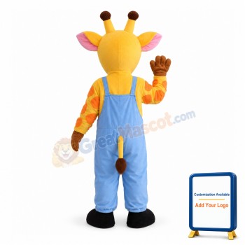 Adult Cartoon Yellow Giraffe Wearing Blue Overalls Mascot Costume