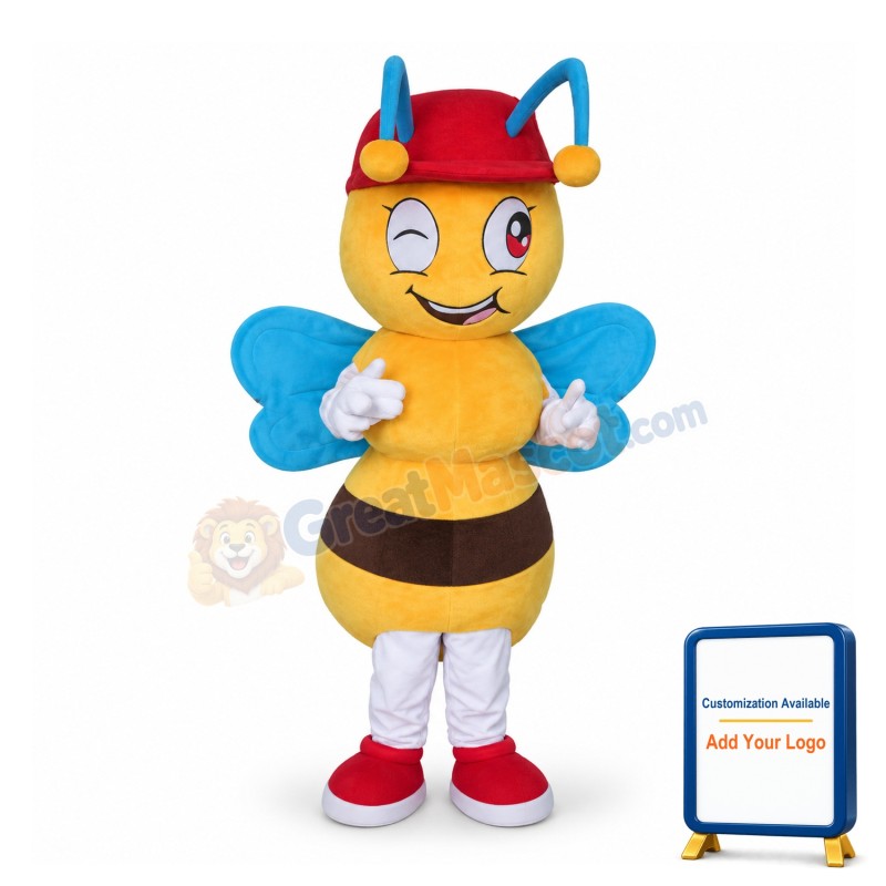 Cute Cartoon Honeybee In Red Hat Mascot Adult Costume