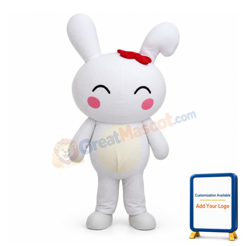 Cute Cartoon White Rabbit With Red Hairpin Mascot Adult Costume