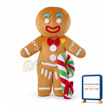 Adult Size Light Brown Gingerbread Man With Candy Cane Mascot Costume