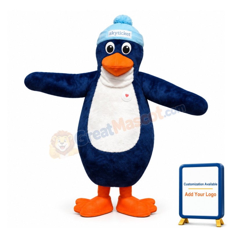 Cute Penguin In Blue Hat Mascot Adult Costume