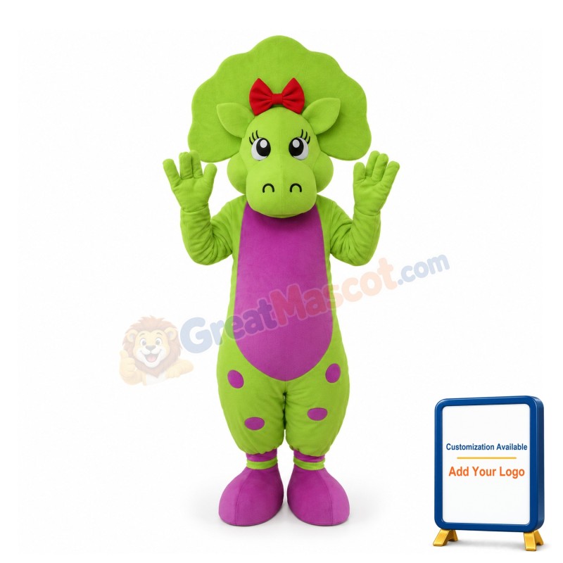 Outgoing Baby Bop the Bright Green Triceratops Mascot Costume