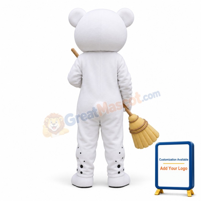 Cartoon White Bear With Broom Mascot Adult Costume