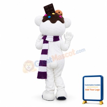 Adult Cute White Bear With Chocolate On Head Cartoon Mascot Costume