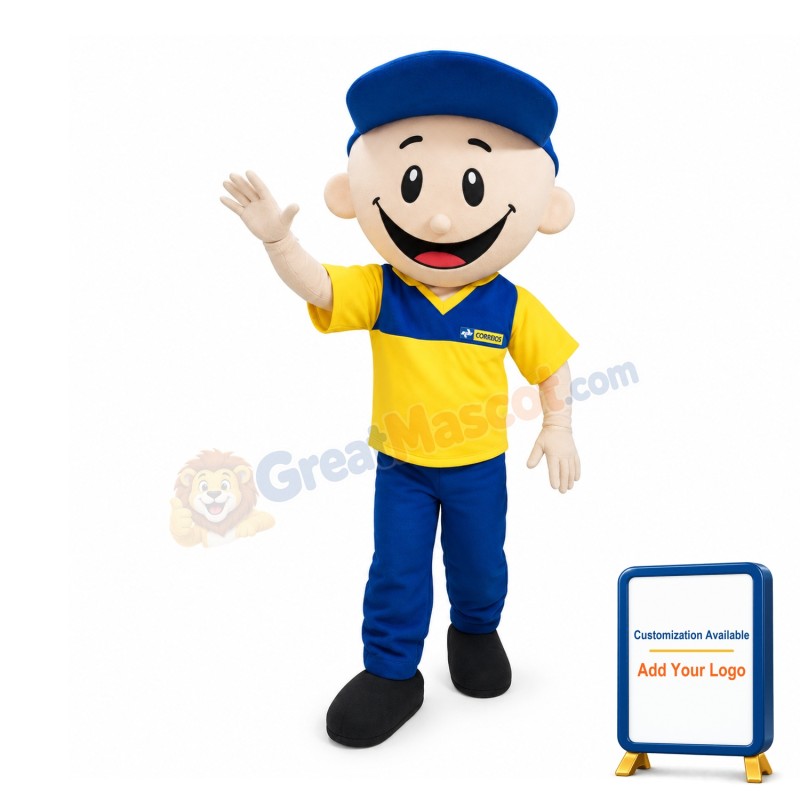 Smiling Boy In Blue Hat Mascot Adult Costume