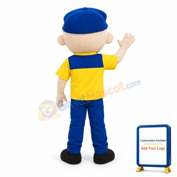 Smiling Boy In Blue Hat Mascot Adult Costume