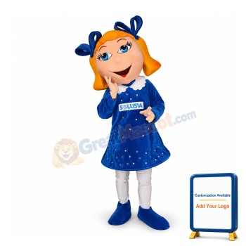 Girl In Blue Dress With Ponytail Mascot Adult Costume