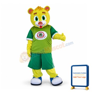 Cute Cartoon Yellow Bear In Green Mascot Adult Costume