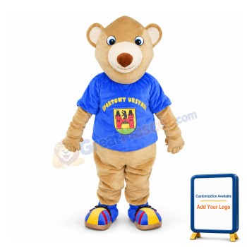 Khaki Bear Wearing Blue Short Sleeves Mascot Adult Costume