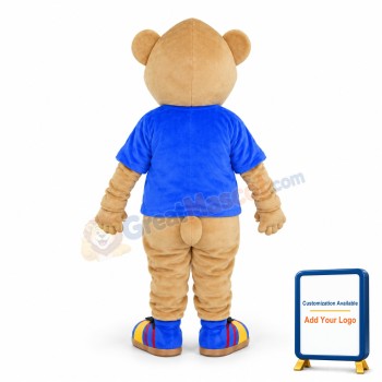 Khaki Bear Wearing Blue Short Sleeves Mascot Adult Costume