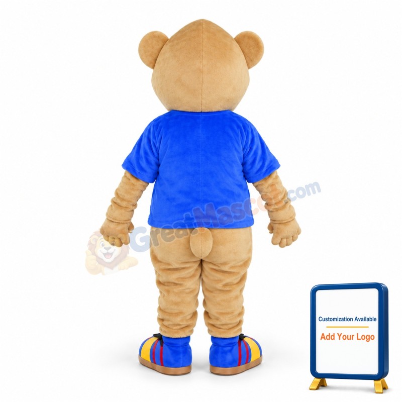 Khaki Bear Wearing Blue Short Sleeves Mascot Adult Costume