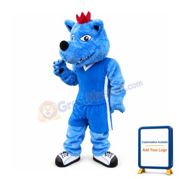 Adult Plush Blue Wolf Wearing A Red Crown Mascot Costume
