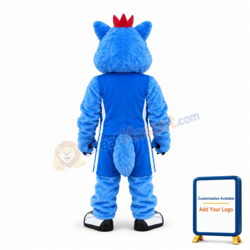 Adult Plush Blue Wolf Wearing A Red Crown Mascot Costume
