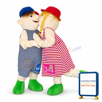Boy In Blue Hat & Girl In Red Hat Mascot Costume Striped Couple Suit