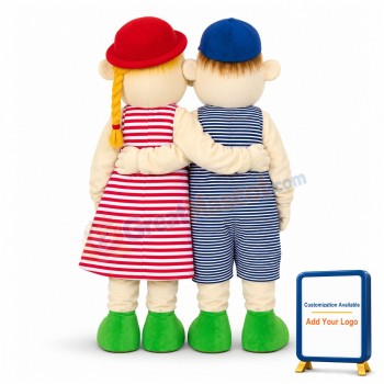 Boy In Blue Hat & Girl In Red Hat Mascot Costume Striped Couple Suit