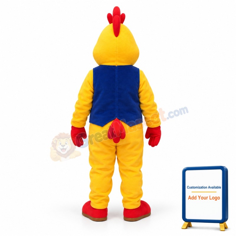 Yellow Rooster In Blue Vest Mascot Costume