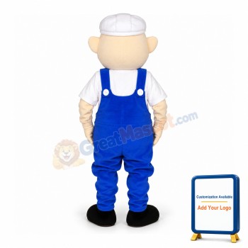 Boy In White Hat And Blue Overalls Mascot Costume