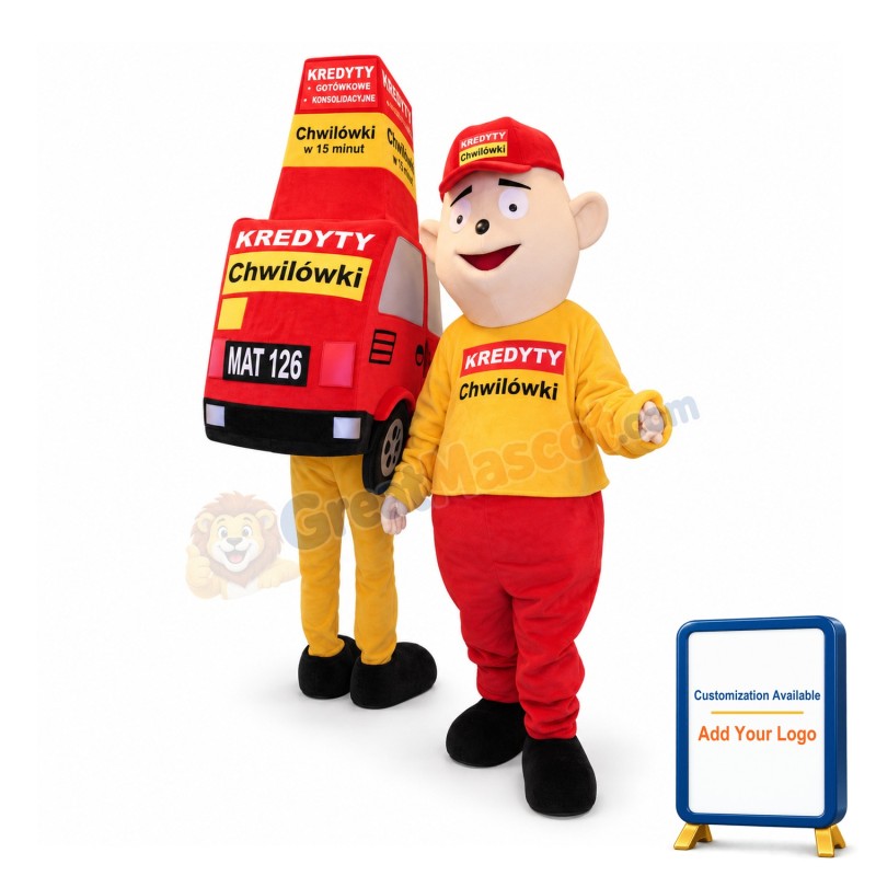 Boy In Red Hat And His Red Shopping Cart Mascot Costume 