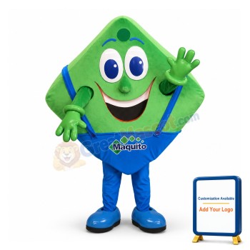 Smiling Cartoon Green Square In Overalls Mascot Costume