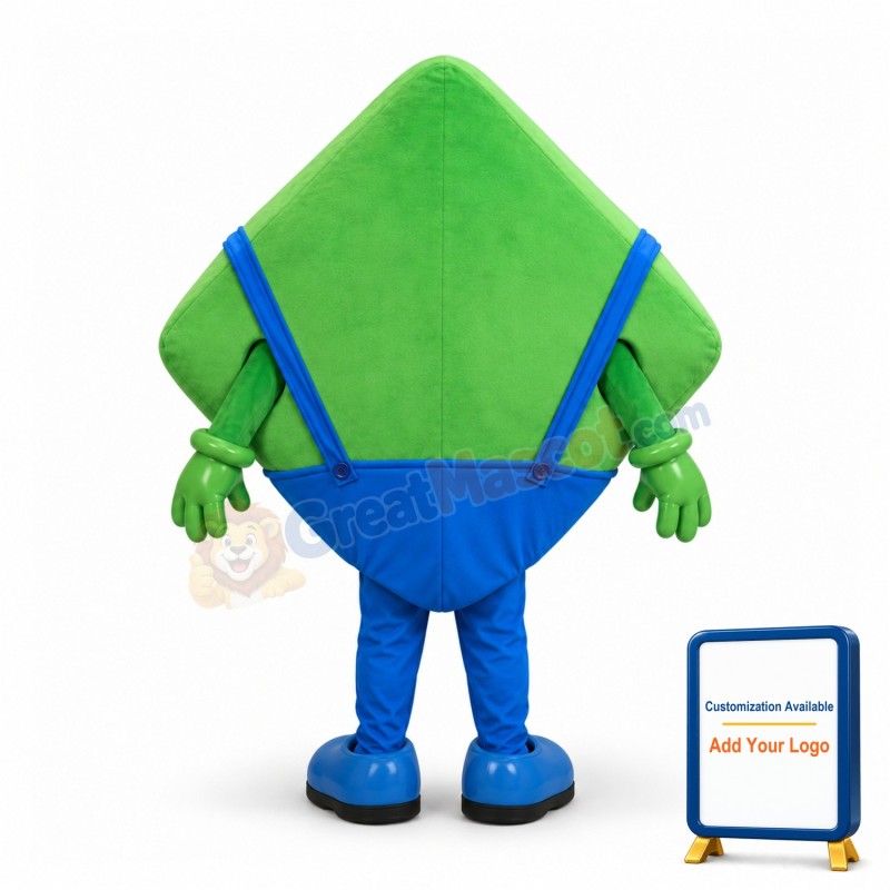 Smiling Cartoon Green Square In Overalls Mascot Costume
