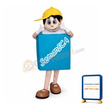 Boy With A Blue Sign On His Chest Mascot Costume