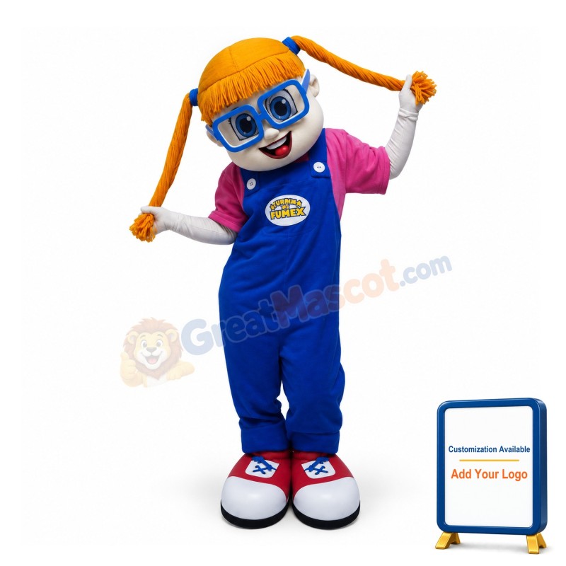 Cute Girl With Blue Glasses Mascot Costume