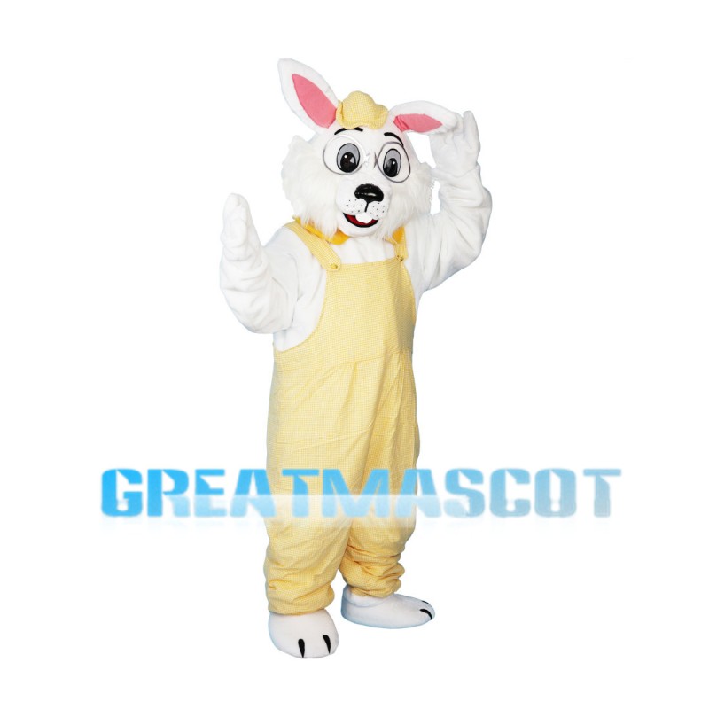 Scholar Rabbit Wearing Yellow Overalls Mascot Costume