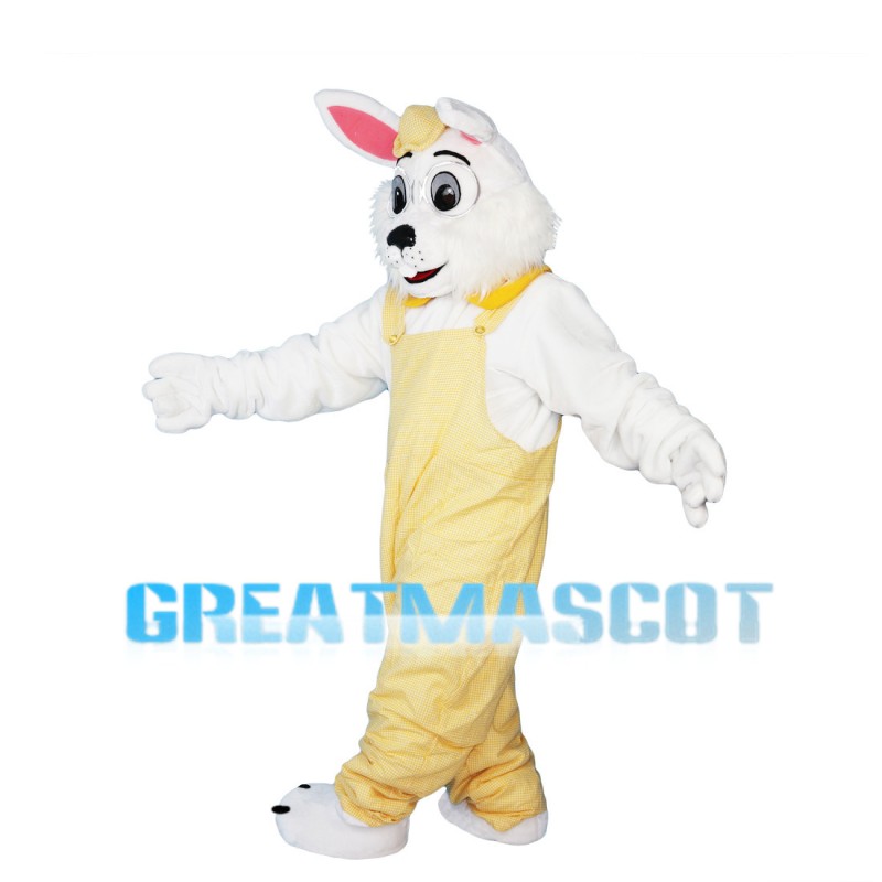 Scholar Rabbit Wearing Yellow Overalls Mascot Costume
