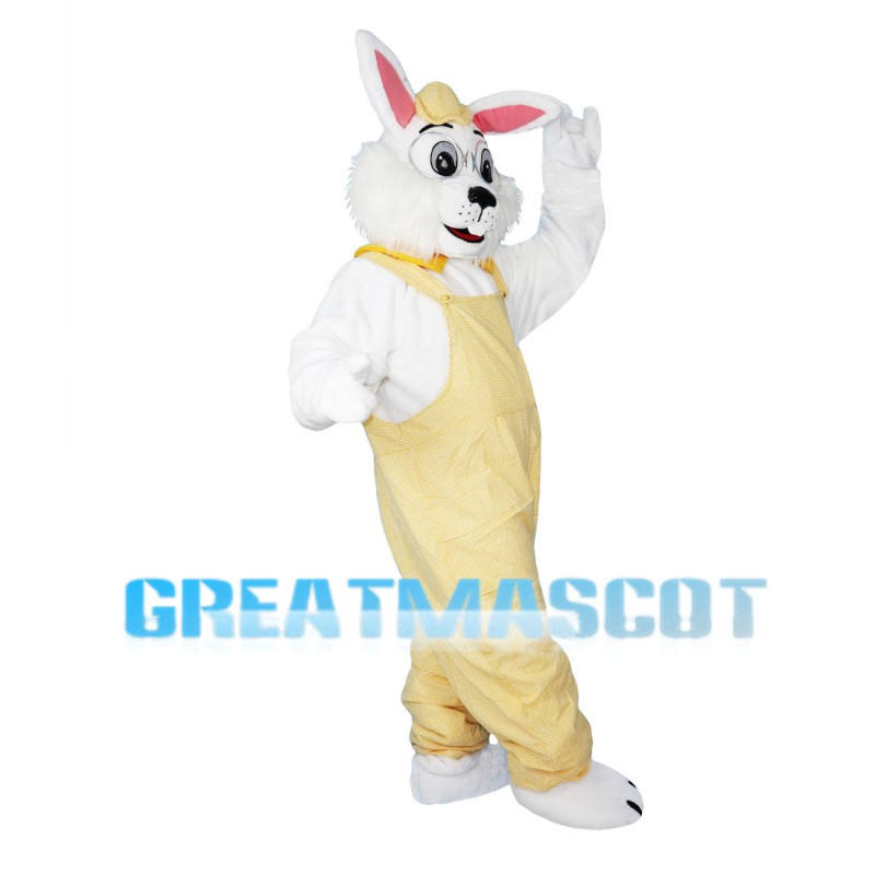 Scholar Rabbit Wearing Yellow Overalls Mascot Costume