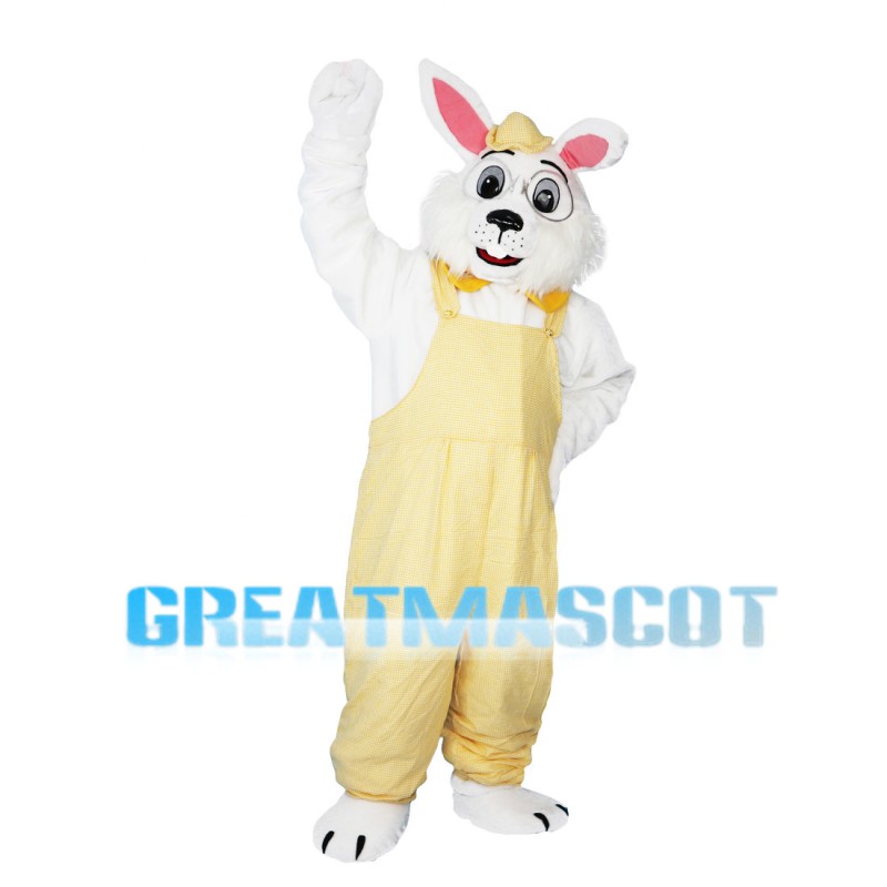 Scholar Rabbit Wearing Yellow Overalls Mascot Costume