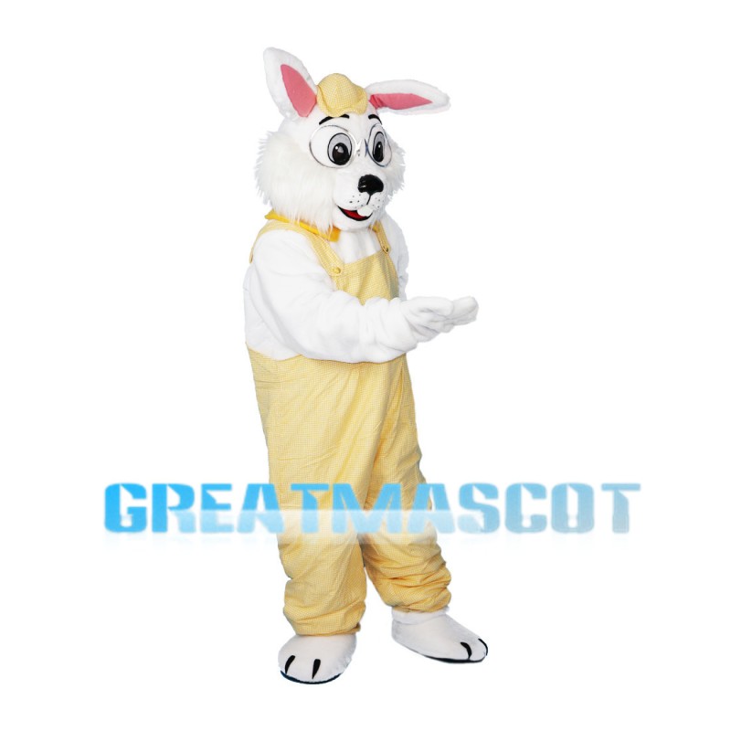 Scholar Rabbit Wearing Yellow Overalls Mascot Costume