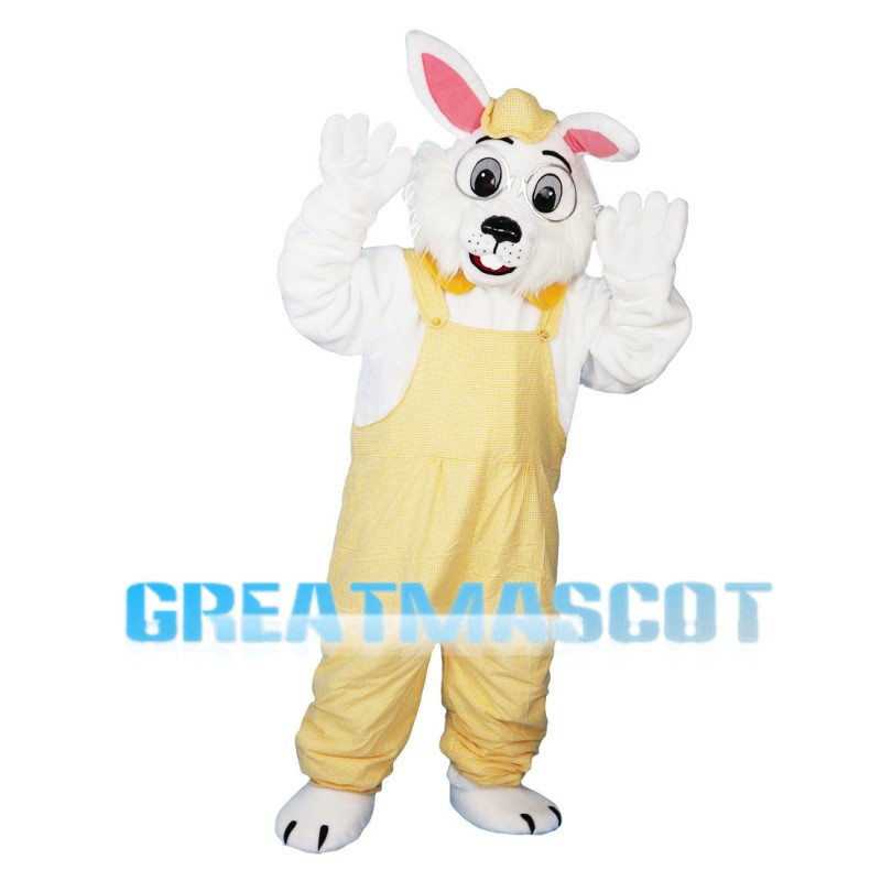 Scholar Rabbit Wearing Yellow Overalls Mascot Costume