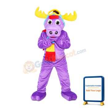 Purple Moose Wearing Colorful Scarf Mascot Costume