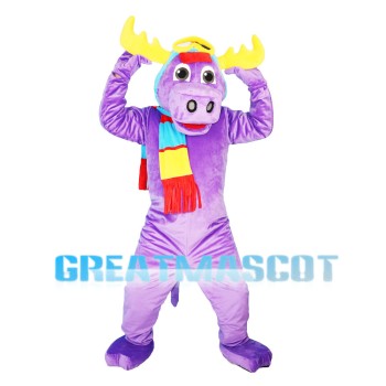 Purple Moose Wearing Colorful Scarf Mascot Costume