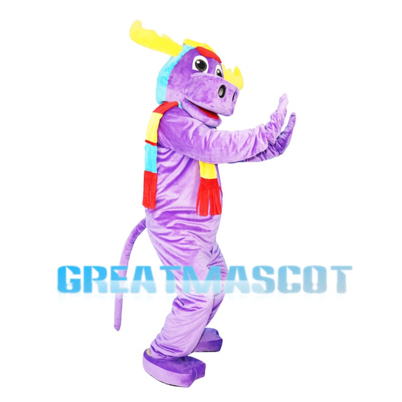 Purple Moose Wearing Colorful Scarf Mascot Costume