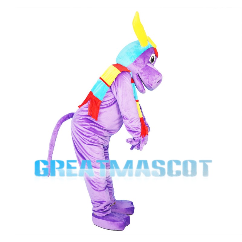 Purple Moose Wearing Colorful Scarf Mascot Costume