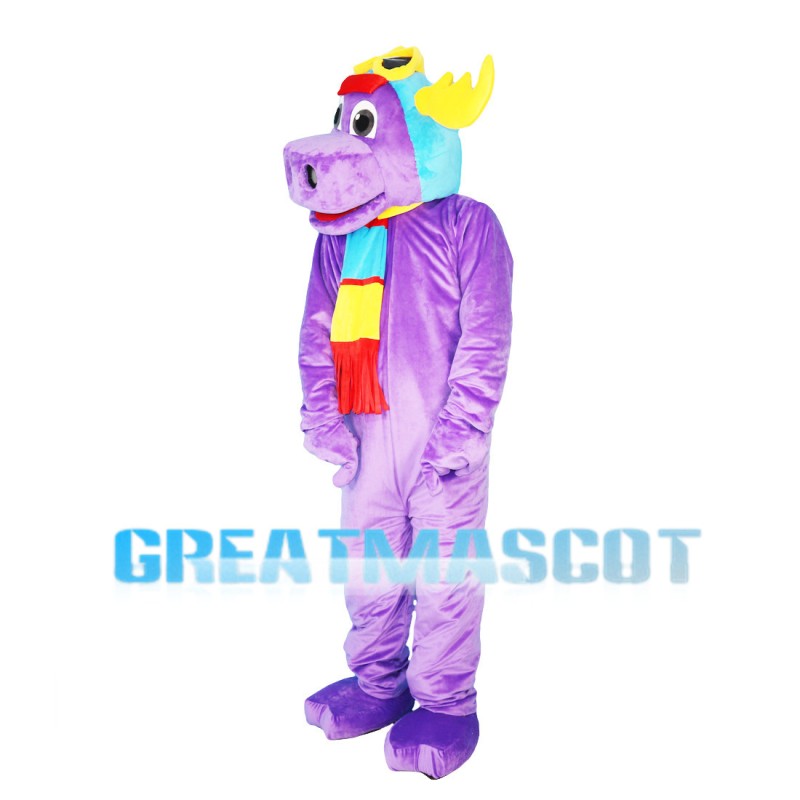 Purple Moose Wearing Colorful Scarf Mascot Costume