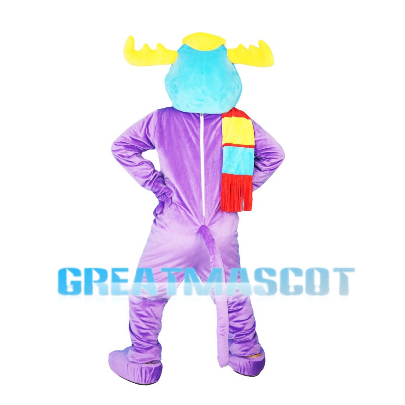 Purple Moose Wearing Colorful Scarf Mascot Costume