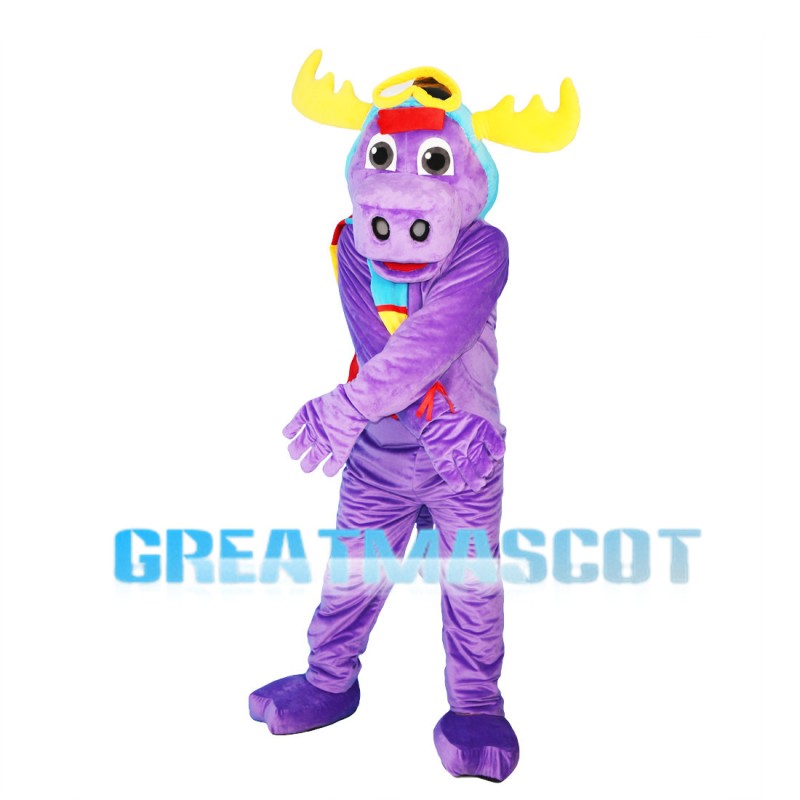 Purple Moose Wearing Colorful Scarf Mascot Costume