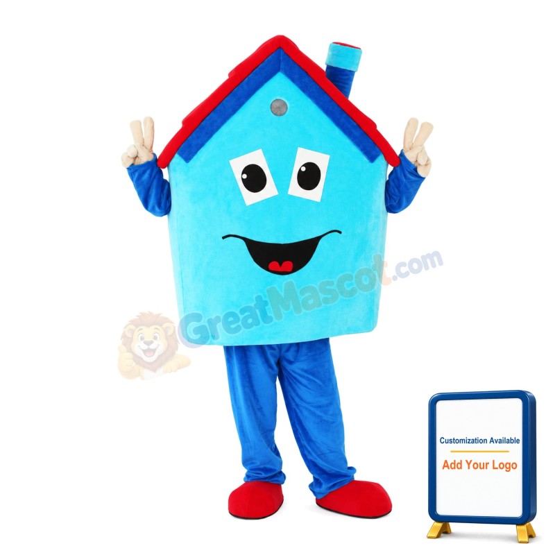 Blue House With Red Roof Mascot Costume